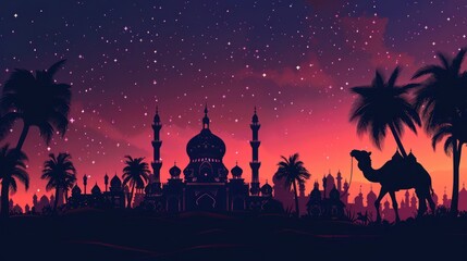 Wall Mural - Silhouettes of Mosque and Camel in a Desert Landscape