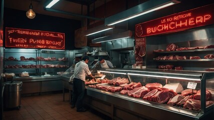 Canvas Print - Local butcher shop with meat display background