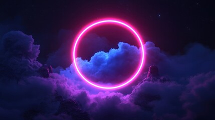 Wall Mural - A glowing pink circle amidst dramatic clouds in a night sky.