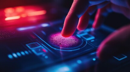 Poster - A finger touches a digital fingerprint scanner on a futuristic interface.