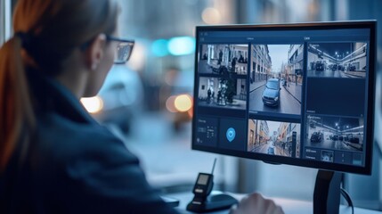 Poster - a person monitors surveillance footage on a computer screen in an urban setting.