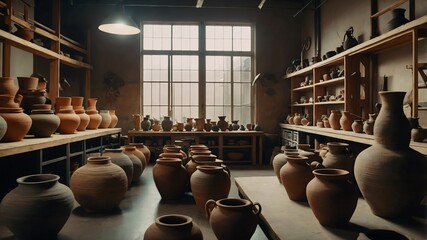 Canvas Print - Pottery studio with finished works on display background