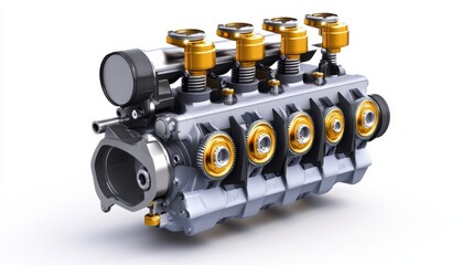 Poster - Detailed Engine Block with Gold Accents and Valves