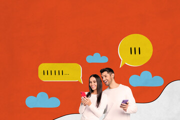 Aufkleber - Composite photo collage of two happy girl guy hold phone notification bubble correspondence bubble sms isolated on painted background