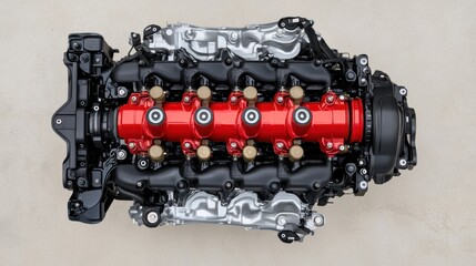 Poster - Red and Black Engine Close-Up on Plain Background