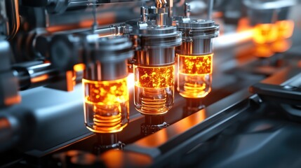 Poster - Industrial Machines with Glowing Liquid in Bottles