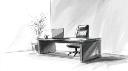 Poster - A minimalistic office setup featuring a desk, chair, computer, and a plant.