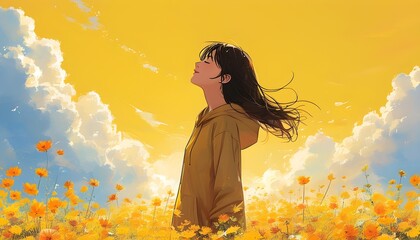 Wall Mural - Joyful anime woman enjoying a tranquil outdoor setting with vibrant yellow art background, surrounded by clouds under a bright summer sky, embodying peace and serenity.