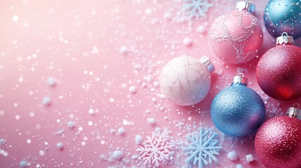 Poster - Minimalist modern christmas background soft pastel snowflakes and geometric holiday ornaments floating over a sleek gradient background creating a contemporary winter design