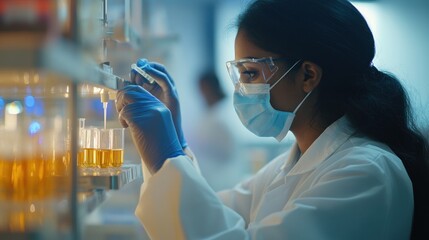Poster - A scientist conducts an experiment in a laboratory, handling samples with precision.