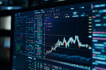 Poster - Financial market analysis displayed on a digital screen with stock charts and trading data in a dark environment