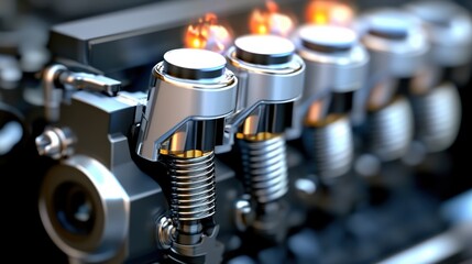 Poster - Close-up of Engine Components with Flames