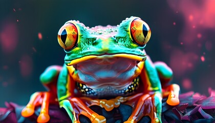 Vibrant fluorescent frogs in a whimsical jungle setting