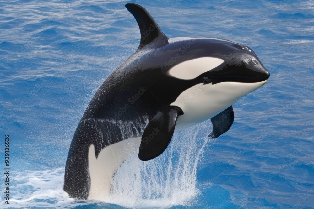 A black and white orca whale leaps out of the water. Concept of freedom ...