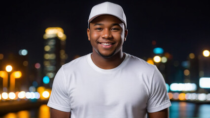 Wall Mural - Plus size young black man wearing white t-shirt and white baseball cap standing on cityscape at night background