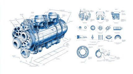 Poster - Detailed Blueprint of a Mechanical Engine Component