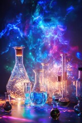 a vibrant collection of colorful glass beakers and flasks illuminated by cosmic light, perfect for s