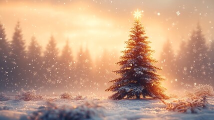 Poster - Minimalist modern christmas background a single elegant christmas tree in metallic gold surrounded by geometric shapes and subtle snowflakes on a soft gradient winter background