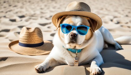 Wall Mural - sitiing beach sunglasses hat holiday summer dog vacation perfect travel aring  summer holiday dog beach sunshine relaxation vacation water sand ocean beautiful tropics exotic resort tropical