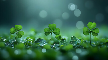 Three Shamrock Leaves, Dew Drops, Green Background