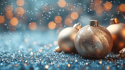 Poster - Minimalist modern christmas background elegant metallic christmas ornaments floating over a gradient background featuring abstract snowflakes and soft festive light