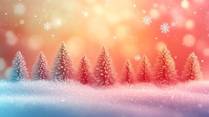 Poster - Modern christmas background featuring minimalist snowcovered trees soft pastel colors over a gradient background with geometric snowflakes and glowing festive lights