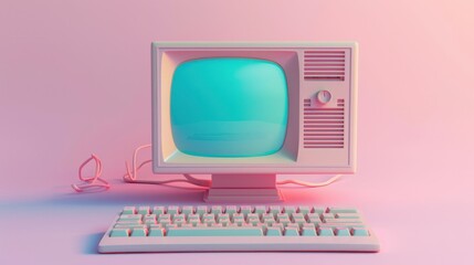 Poster - Retro computer setup with a pastel color scheme and vintage design.