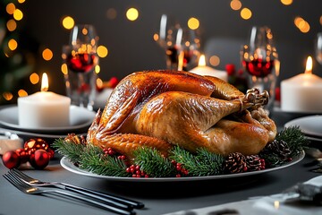 Poster - A Christmas dinner table set with a roasted turkey, holiday decorations, and candles, ready for a festive feast