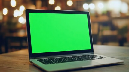 Poster - A laptop with a green screen on a wooden table in a cozy, dimly lit environment.