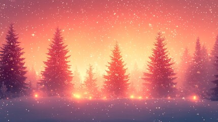 Poster - Modern christmas background featuring abstract snowflakes soft pastel tones over a gradient winter sky with minimalist christmas trees and glowing festive lights creating a cozy atmosphere