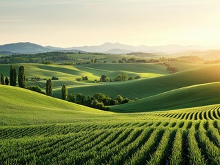 Fertile green hills with wildflowers in bloom, soft light, crisp air, high-definition, vibrant colors, dynamic wide-angle composition