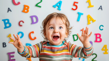 1 2 year old happy child on the background of letters and numbers, the concept of early education fo