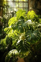 Poster - Sunlight filters through a window, illuminating a cluster of large monstera leaves in a lush indoor garden, creating a vibrant and tranquil atmosphere