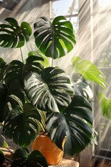 Aufkleber - A vibrant monstera plant with large, distinctive leaves stands elegantly in a terracotta pot. Sunlight filters through the window while gentle mist enhances the indoor atmosphere