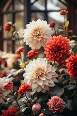 Poster - Vibrant dahlia flowers showcase their striking cream and red hues in a lush garden. The warm afternoon sunlight casts a gentle glow, enhancing their beauty