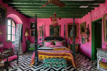 Sticker - This striking bedroom showcases bold pink walls and a green ceiling, adorned with eclectic artwork and an ornate chandelier