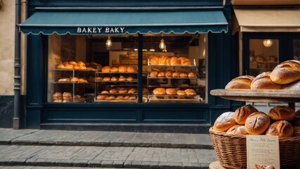 Bakery front with breads and cakes displayed background