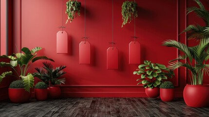 Poster - A modern interior features lush indoor plants in red pots arranged neatly against a striking red wall adorned with hanging tags, creating a bold atmosphere