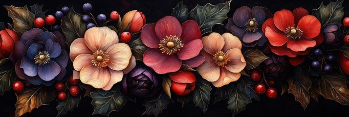 Poster - This artwork features a rich display of hand-painted flowers and berries with various colors and textures, all set against a contrasting dark background that enhances their beauty