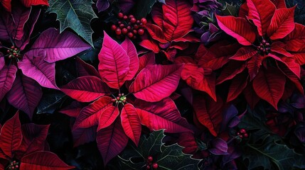 Poster - Colorful poinsettia plants showcase their striking red and purple leaves alongside dark green foliage and small berries, creating a festive atmosphere for the holidays