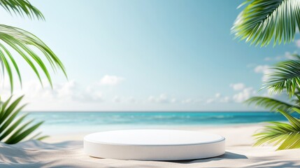 Canvas Print - Serene Tropical Podium on Sunlit Beach Invites Relaxation and Tranquility