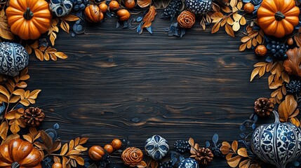 Poster - A vibrant display of orange pumpkins and blue gourds is arranged with pine cones and colorful leaves on a dark wooden surface, highlighting autumn's charm