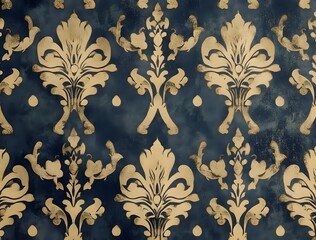 Vintage Gold Damask Pattern on Blue Wallpaper