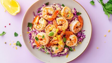 A vibrant shrimp salad with colorful cabbage and garnishes, perfect for a fresh meal.