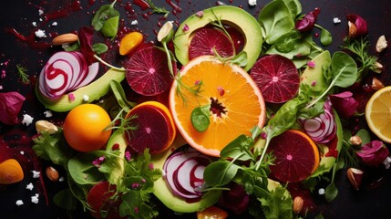 An artistic salad of vibrant fruits, vegetables, and greens is arranged beautifully on a black plate, bursting with colors and textures.