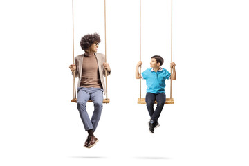 Sticker - Young man and a boy sitting on wooden swings