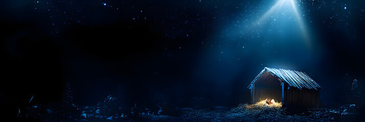 Wall Mural - christian christmas concept. birth of jesus christ. wooden manger in dark blue night. banner, copy s