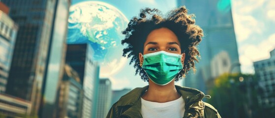 Close-up of woman in mask with urban backdrop, city reflections on glass. Globe in scene.