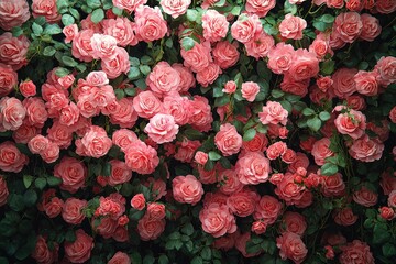 Poster - A stunning display of pink roses fills the frame, demonstrating the lushness of spring with rich green leaves contrasting against the delicate blossoms