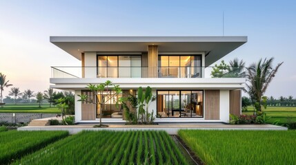 Wall Mural - Modern Villa with Rice Paddy Views